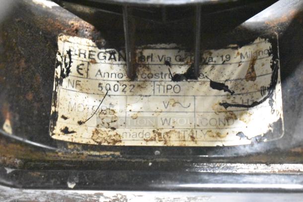 Bregani metal commercial espresso bean grinder, no lid, 120 volts, 1 phase, visible label with usage wear, made in Italy.