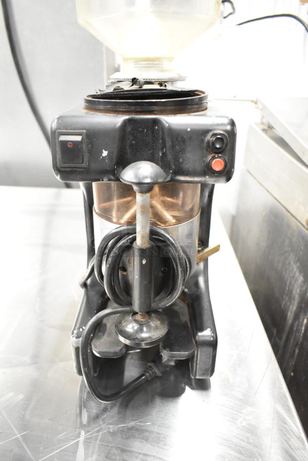 Bregani metal commercial espresso bean grinder, no lid, 120 volts, 1 phase, with visible controls, used condition.