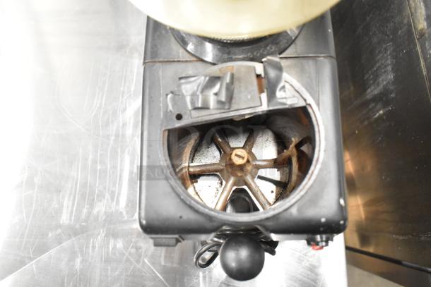 Bregani Metal Commercial Espresso Bean Grinder without lid, 120 volts, 1 phase, visible grinding chamber and dial.