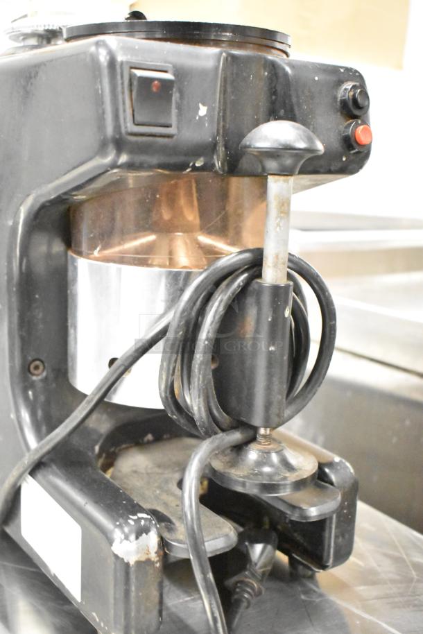 Bregani metal commercial espresso bean grinder, no lid, 120V, 1 phase. Visible wear, missing lid. Ideal for countertop use.