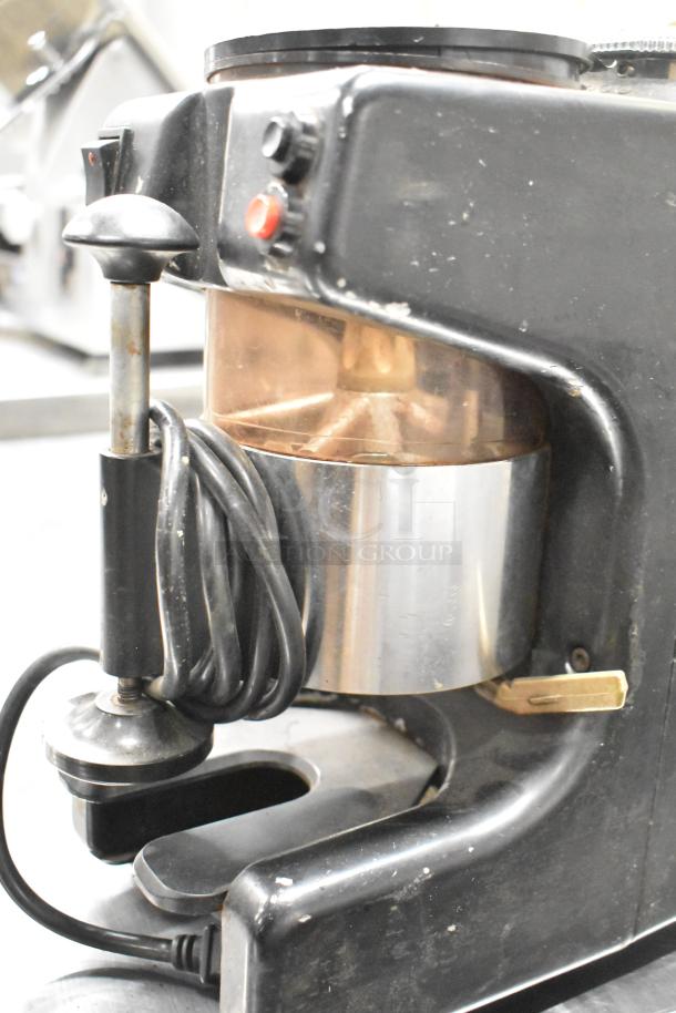 Bregani Metal Commercial Countertop Espresso Bean Grinder, no lid, 120 volts, 1 phase. Rugged condition, visible wear.