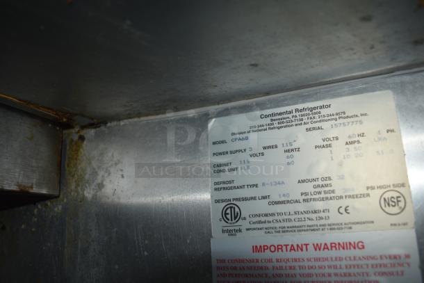 2017 Continental CPA68 stainless steel commercial pizza prep table with 2 drawers, 2 doors, and commercial casters.