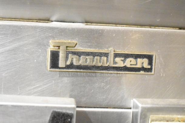 Traulsen RHT 2-32NUT logo on stainless steel commercial cooler, 2-door, on casters, 115 volts, 1 phase.