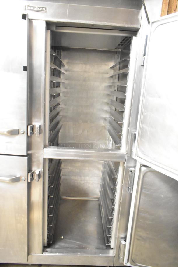 Traulsen RHT 2-32NUT stainless steel commercial 2-door reach-in cooler, open view, on casters, 115V, 1 phase.