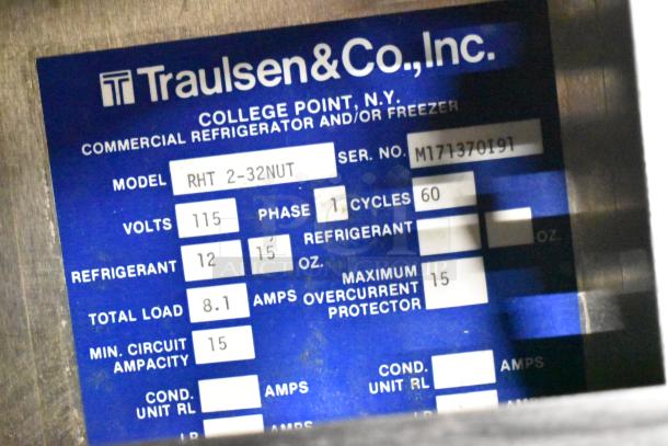 Traulsen RHT 2-32NUT stainless steel commercial cooler label, shows model, voltage, and specifications.