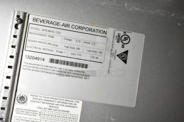 Beverage Air SPE48HC-12C prep table label, showing specs: refrigerant R290, 115V, 1 phase. Suitable for controlled environments.