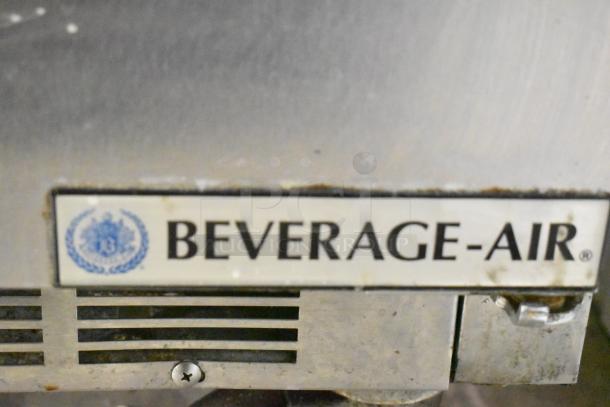 Beverage Air SPE48HC-12C stainless steel prep table, commercial casters, marked with logo, 115 volts, 1 phase.
