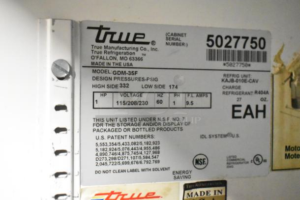 True GDM-35F 2 Door Reach-In Freezer, poly-coated racks, 115 Volts, 1 Phase, Model GDM-35F label showing specifications.