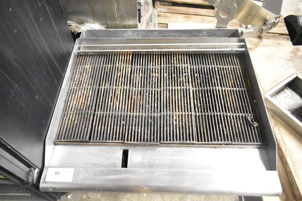 APW Wyott HCRB-2436i stainless steel charbroiler grill, natural gas powered, commercial countertop model, used condition.