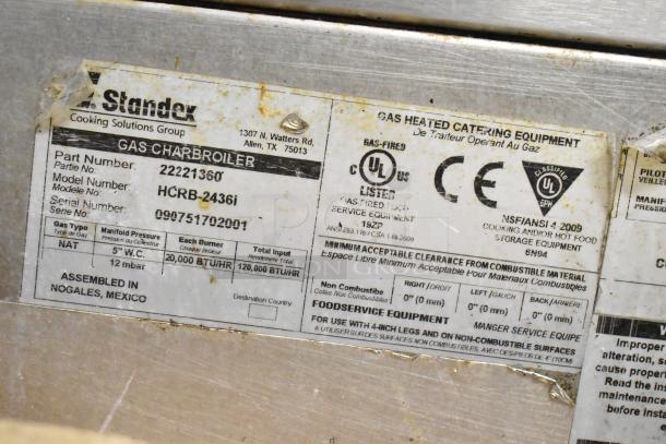 APW Wyott HCRB-2436i stainless steel charbroiler grill label, showing model, part number, and gas specifications.