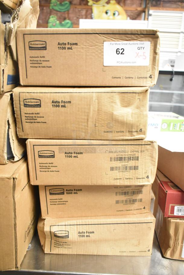 Five unopened boxes of Rubbermaid Auto Foam 1100 mL, labeled for automatic refill. Boxes in new condition.