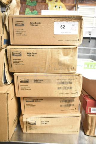 Five unopened boxes of Rubbermaid Auto Foam 1100 mL, labeled for automatic refill. Boxes in new condition.