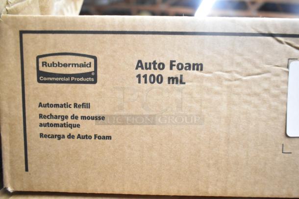 Five new boxes of Rubbermaid Auto Foam, 1100mL, automatic refill, company logo visible.