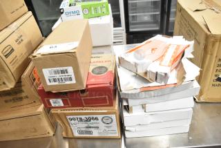 10 brand new boxes including Avery Dennison Monarch 1130 labeler, Nickel rolls, and 9078-3066 thermal receipt printer rolls.