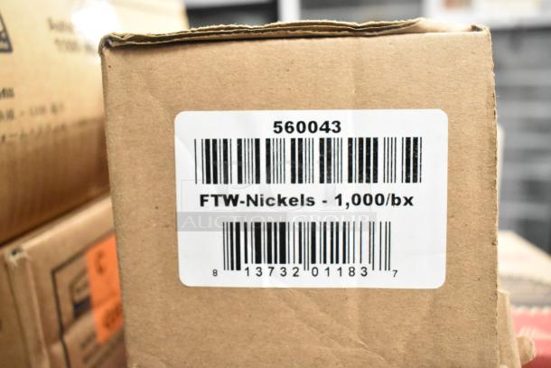 10 brand new boxes containing FTW-Nickels, Monarch 1130 Labeler, 9078-3066 Receipt Printer Rolls. Barcode: 560043.