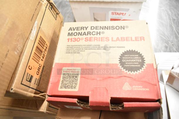10 new Avery Dennison Monarch 1130 Series Labeler boxes with labeling details. Includes 9078-3066 thermal receipt printer rolls.