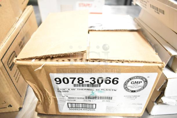 New box labeled 9078-3066, containing 2 1/4" x 55' thermal receipt rolls, 50 per carton. Showing GMP certification.