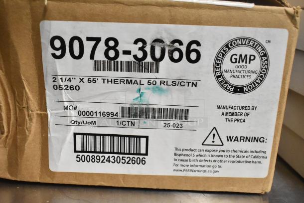 Cardboard box with label "9078-3066," for 2 1/4" x 55' thermal receipt rolls. Marked 50 rolls per carton, GMP certified.