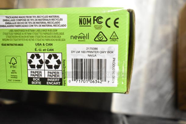 Box with Dymo LabelManager, green packaging, Newell brand, eco-friendly labels, barcode 071701063427.