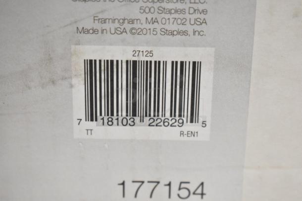 Barcode and label on a Staples box, indicating location in Framingham, MA, and product made in USA, ©2015 Staples, Inc.