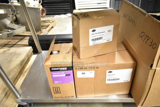 Three boxes of cleaning products: Diversey Oxivir Five 16 Concentrate, Spitfire RTU, and Coastwide Hepastat 256. Brand new, labeled.