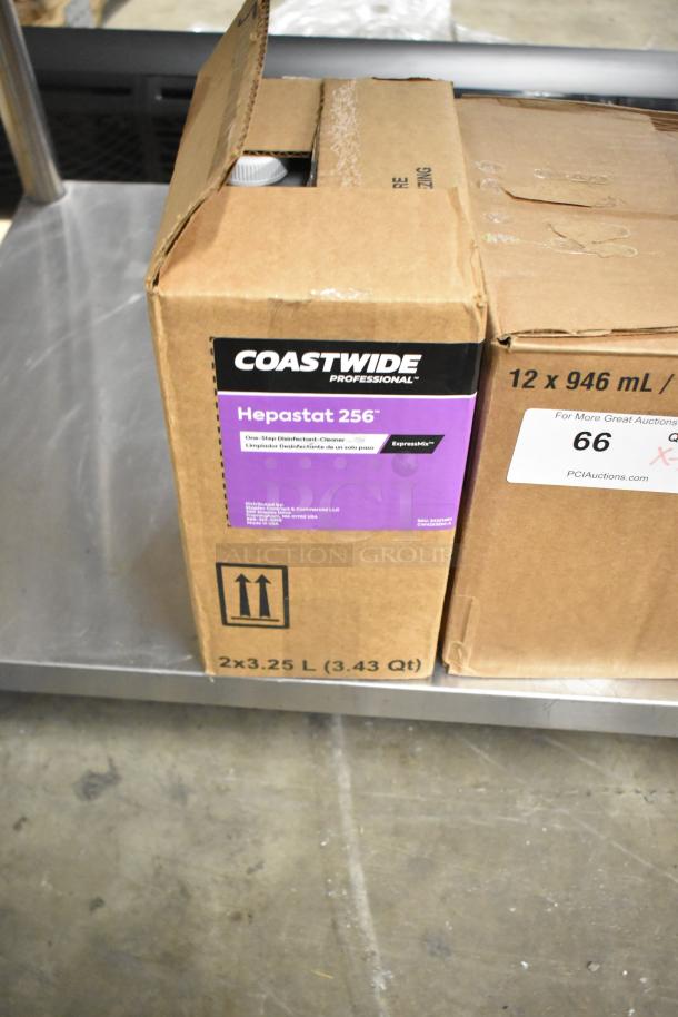 Three brand new boxes including Diversey Oxivir Five 16, Diversey Spitfire RTU, and Coastwide Hepastat 256 cleaners.