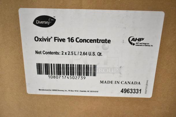 3 new Diversey Oxivir Five 16 Concentrate boxes, 2x2.5L, Made in Canada. Includes barcode and manufacturer info.