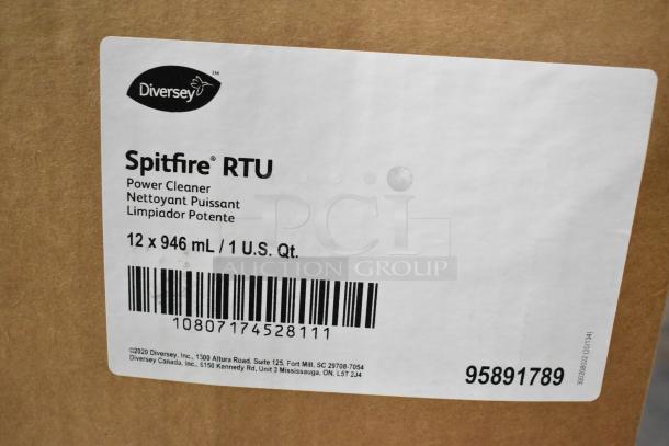Three brand new Diversey and Coastwide cleaning products, including Oxivir Five 16, Spitfire RTU, and Hepastat 256. Box labeled with Spitfire RTU details: 12 x 946 mL, barcode and item number 95891789 visible.