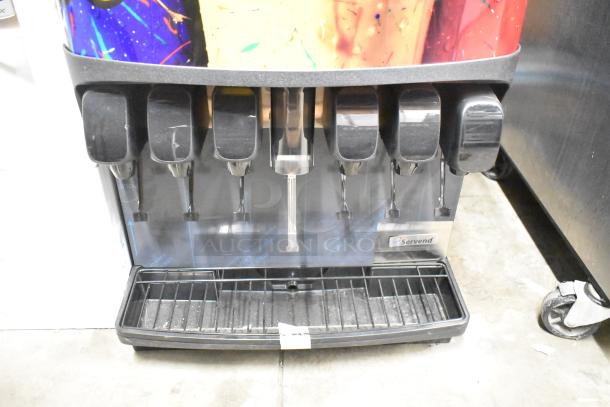 Servend SV150 metal commercial beverage machine with 6 flavor dispensers and ice dispenser, 115V, 1 Phase. Servend logo visible.