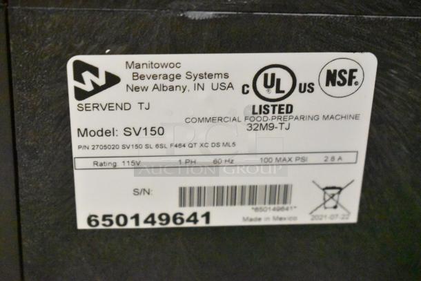 Servend SV150 Beverage Machine label shows model details and specifications for a commercial 6-flavor ice dispenser, 115V.