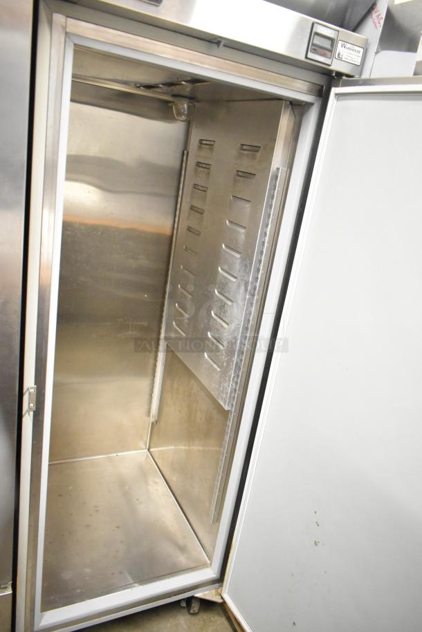 Hobart QF1 stainless steel commercial single door reach-in freezer, poly-coated racks, on casters, 115V, 1 phase.