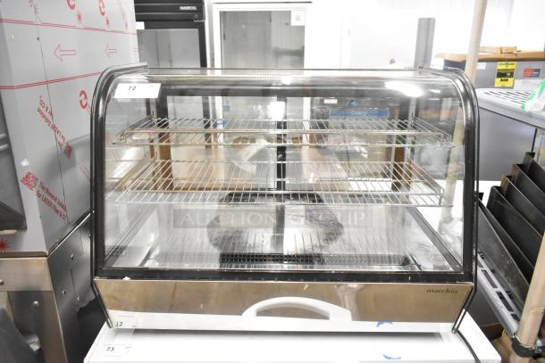 Marchia MDC161 metal countertop deli display case, 115V, 1 phase. Features include glass front, dual shelves, and stainless steel finish.