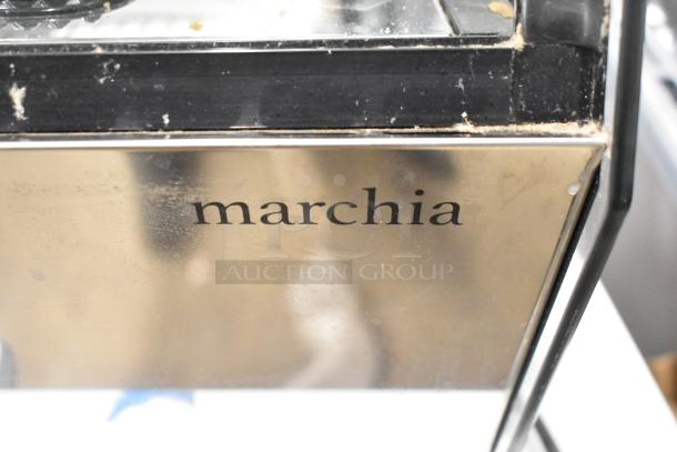 Marchia MDC161 metal countertop deli display case with visible logo. Condition shows signs of use. 115 volts, 1 phase.