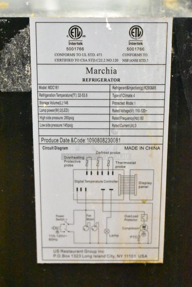 Marchia MDC161 metal countertop deli display case, refrigeration temp 32-53.6°F, 115V, 1 phase, ETL certified, made in China.