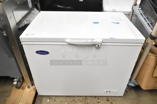Atosa MWF9010GR metal chest freezer with hinge lid, 115 volts, 1 phase. Visible Atosa logo, light wear on exterior.