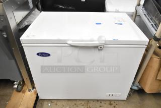 Atosa MWF9010GR metal chest freezer with hinge lid, 115 volts, 1 phase. Visible Atosa logo, light wear on exterior.