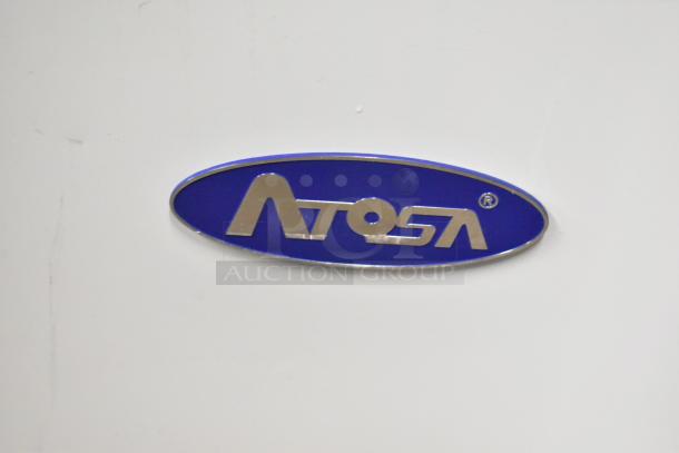 Atosa MWF9010GR chest freezer logo on white background; blue oval with silver lettering.