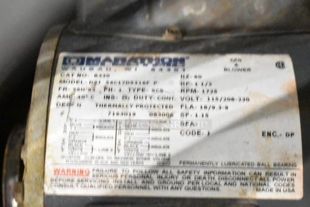 Marathon motor label showing model type PSC, HP 1/2, RPM 1725, volt 115/208-230. Indicates thermally protected and made in USA.