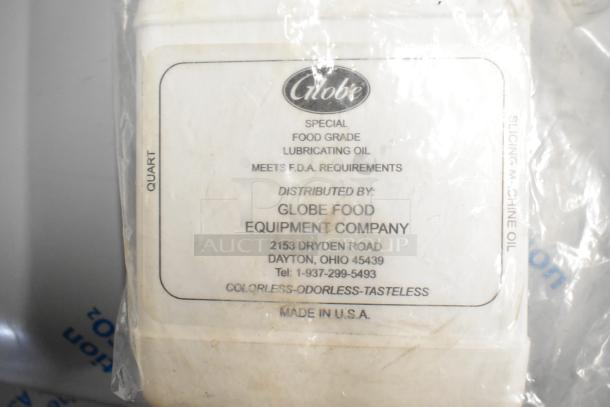 Globe Food Grade Lubricating Oil, 1 Quart, meets FDA requirements, by Globe Food Equipment Company, USA. Colorless, odorless, tasteless.