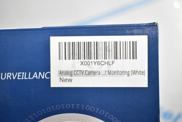 New Analog CCTV Camera in original blue box, barcode and label stating "Analog CCTV Camera...Monitoring (White)," model X001Y6CHLF.