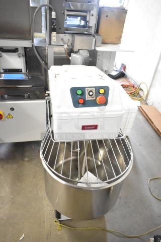 Estella 348SM60 60 Qt. metal spiral dough mixer with bowl, guard, and hook. Features two-speed control and 240V power.