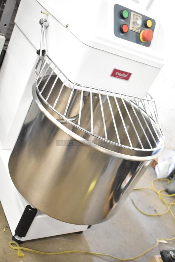 Estella 348SM60 metal commercial dough mixer with 60 qt. bowl, bowl guard, and dough hook. Two-speed, 240 volts.