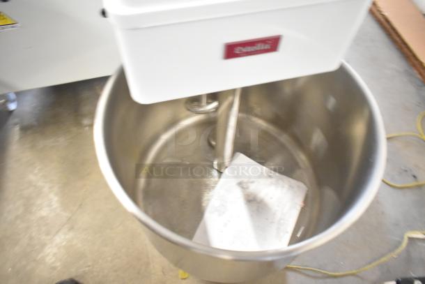 Estella 348SM60 spiral dough mixer with metal bowl, bowl guard, and hook. Two-speed, 60 qt/88 lb capacity, 240V.