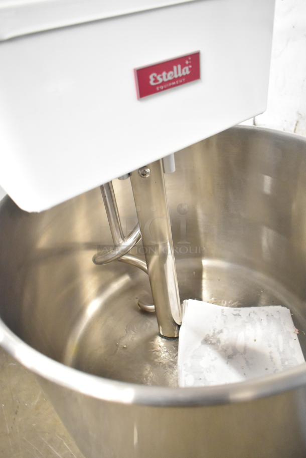 Estella 348SM60 60 Qt. two-speed spiral dough mixer with metal bowl, bowl guard, and dough hook. 240V commercial appliance.