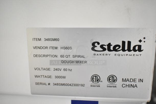 Estella 348SM60 metal dough mixer label; 60 Qt., 240V, 3000W, with Intertek certification, made in China.