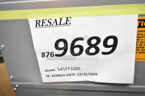 Resale tag on Mainstreet 541FF100L stainless steel commercial fryer, 150,000 BTU, item number 9689, dated 12/31/2025.
