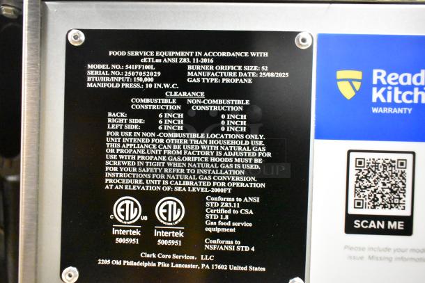 Mainstreet 541FF100L stainless steel floor fryer label, showing specifications: 150,000 BTU, liquid propane, commercial use.