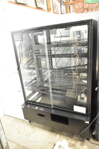 Marco Display Specialties metal bakery merchandiser cabinet for bagels and pastries, glass doors, black finish, excellent condition.