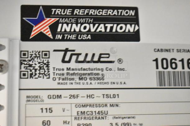 Sticker on 2023 True GDM-26F-HC Freezer with model details, voltage info, and "Made in USA" label.