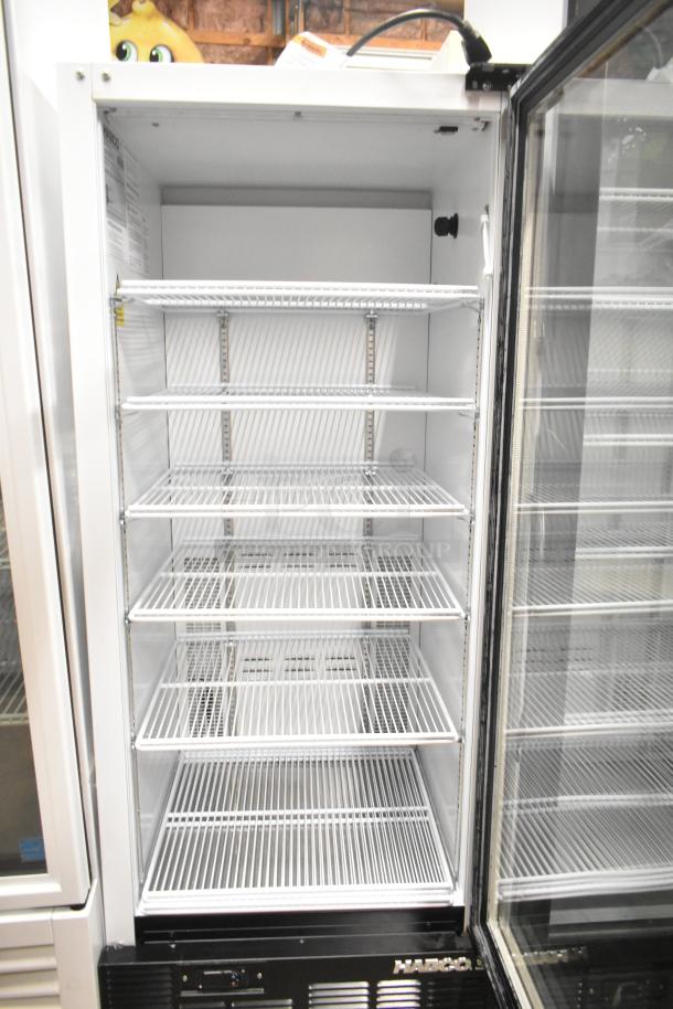 Habco SE12HC commercial cooler, single glass door, poly-coated racks, metal build. Voltage: 115V, 1 Phase. Model tags visible.